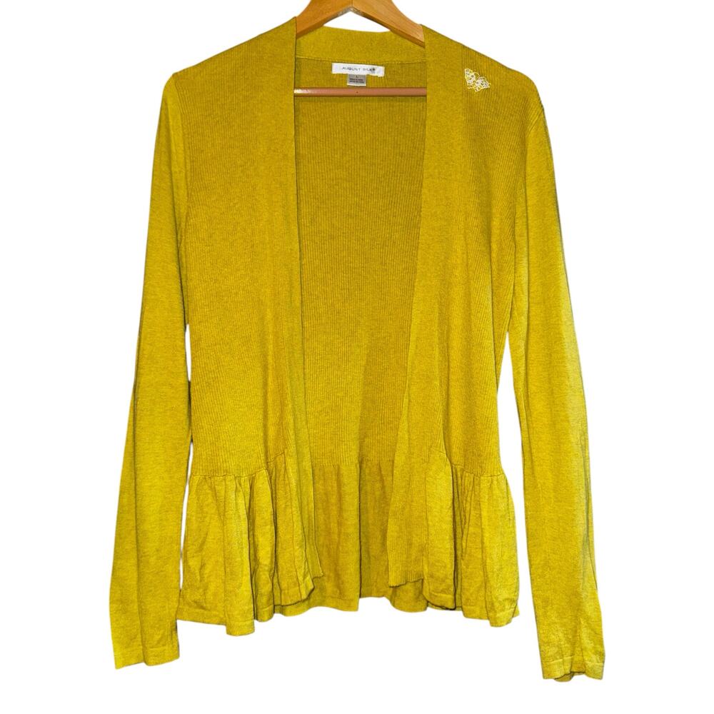 August Silk Green Ruffle Hem Open Cardigan Sweater Size L Olive‎ Green Butterfly